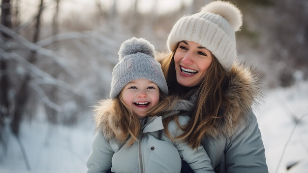 joyeuse mère avec petite fille debout en hiver