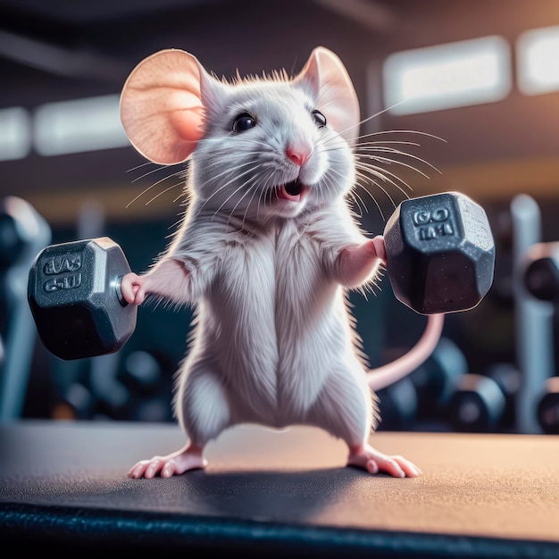 Joyeuse positive mignonne petite souris faisant du sport dans la salle de sport en train de faire de l'exercice