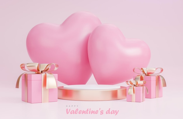 Joyeuse Saint-Valentin avec podium vide 3d et décorations romantiques de la Saint-Valentin sur fond rose., Modèle 3d et illustration.