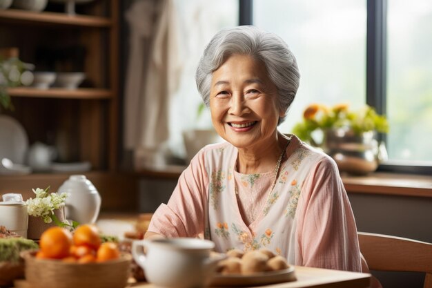 Une joyeuse tante asiatique à la retraite aux cheveux argentés aime préparer un petit déjeuner sain.