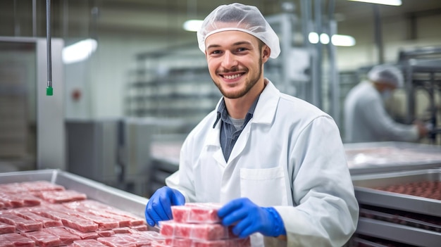 Photo une joyeuse travailleuse de l'industrie de la viande se tient dans l'établissement alors qu'elle charge de la viande dans un emballage ai générative