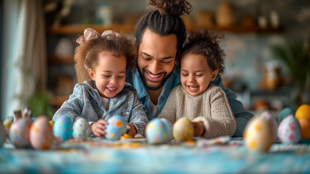 Photo joyeusement famille de race mixte peignant des œufs de pâques à la maison les enfants et le père se préparent pour pâques