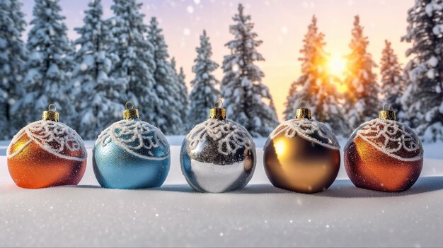 Joyeuses boules de Noël sur la neige avec des branches de sapin