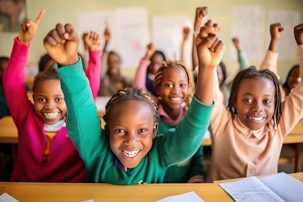 Joyeuses filles élèves enfants célèbrent la réussite du travail scolaire collectif dans une salle de classe lumineuse Generative AI