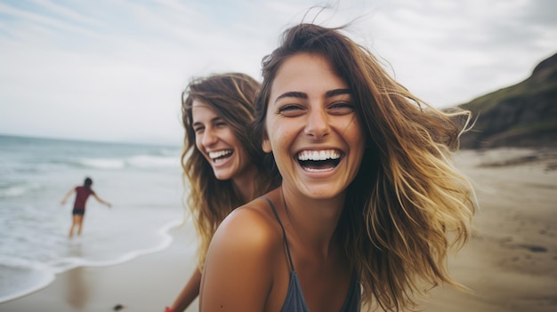 Joyeuses jeunes amies adultes s'amusant à la plage