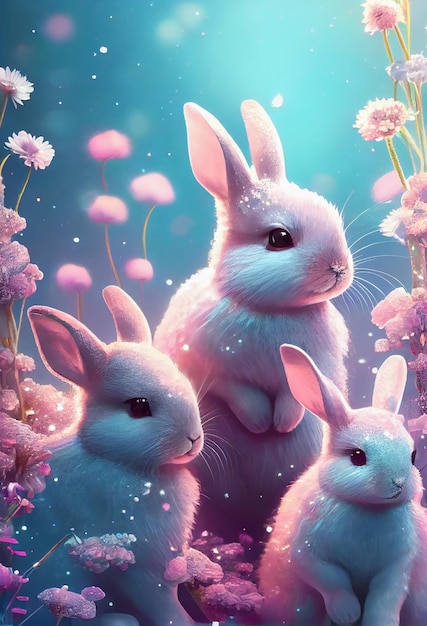 Joyeuses Pâques Adorable lapin dans un pré de fleurs aux couleurs pastel AI générative