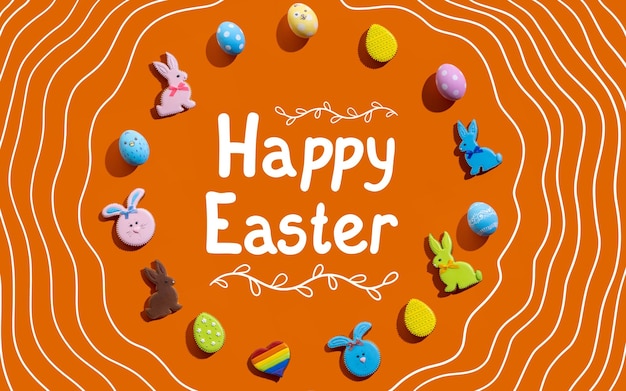 Joyeuses pâques bannière festive ornement de vacances de printemps lapin de biscuit de pain d'épice coloré oeufs peints