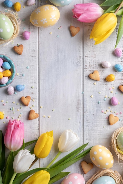 Joyeuses pâques fond avec lapins oeufs bonbons fleurs