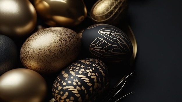 Joyeuses Pâques fond de luxe avec des oeufs dorés et noirs lieu de publicité vide AI générative