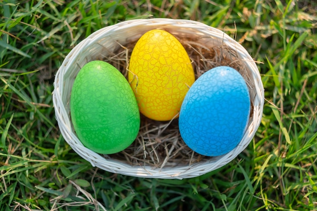 Joyeuses Pâques avec un joli lapin d&#39;oeufs colorés le matin, drôle de décoration dans l&#39;herbe printemps