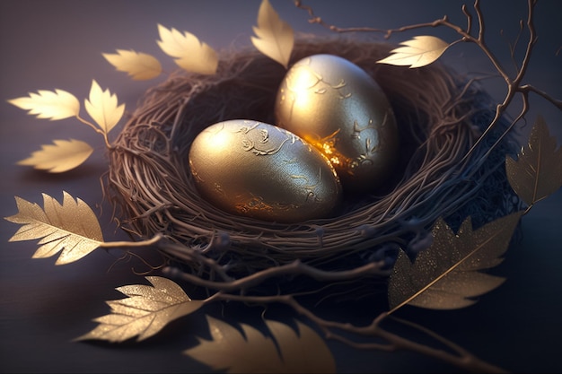 Joyeuses Pâques, Joy de Pâques avec des oeufs d'or et des nids sur un fond isolé