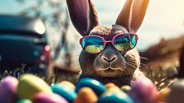 Joyeuses Pâques Lapin mignon à lunettes de soleil avec des œufs de Pâques colorés ai générative