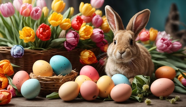 Joyeuses Pâques à la maison avec des œufs colorés, des fleurs printanières et un lapin douillet