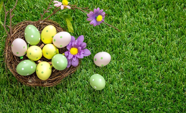 Joyeuses Pâques oeufs colorés dans un nid sur l'herbe verte vue rapprochée