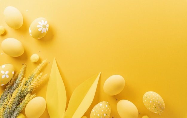 Joyeuses Pâques Oeufs de Pâques colorés sur fond jaune Concept de décoration pour les salutations et les cadeaux le jour de Pâques célébrer l'heure