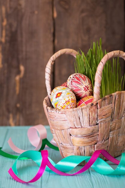 Joyeuses Pâques - panier avec un bel oeuf de Pâques Pysanka fait à la main. traditionnel ukrainien