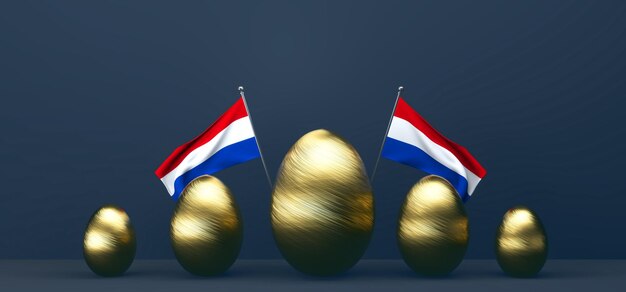 Joyeuses Pâques Pâques Pays-Bas Fond avec des oeufs d'or et drapeau Pays-Bas
