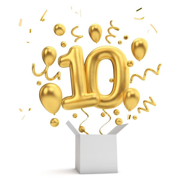 Joyeux 10e anniversaire ballon surprise or et boîte rendu 3D