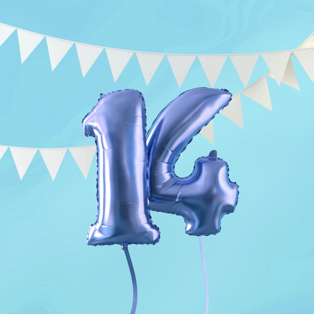 Joyeux 14e anniversaire célébration ballon bleu et bruant rendu 3D