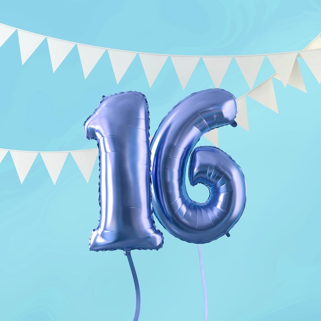 Joyeux 16e anniversaire fête ballon bleu et banderoles 3D Render