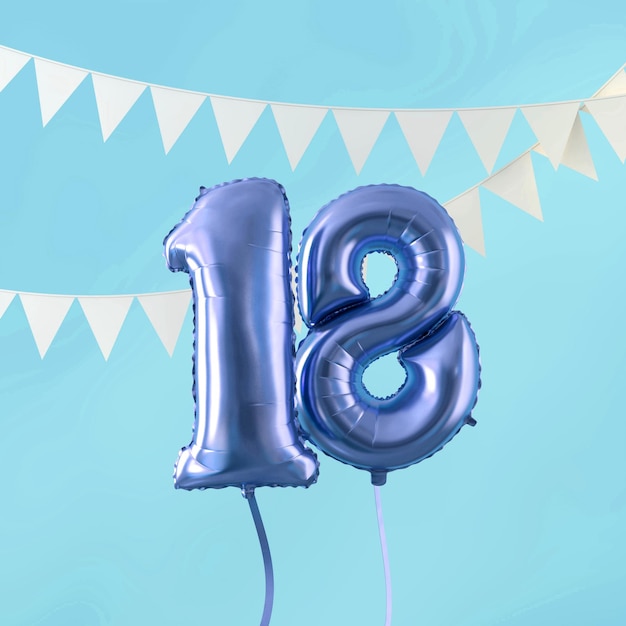 Joyeux 18e anniversaire fête ballon bleu et banderoles 3D Render