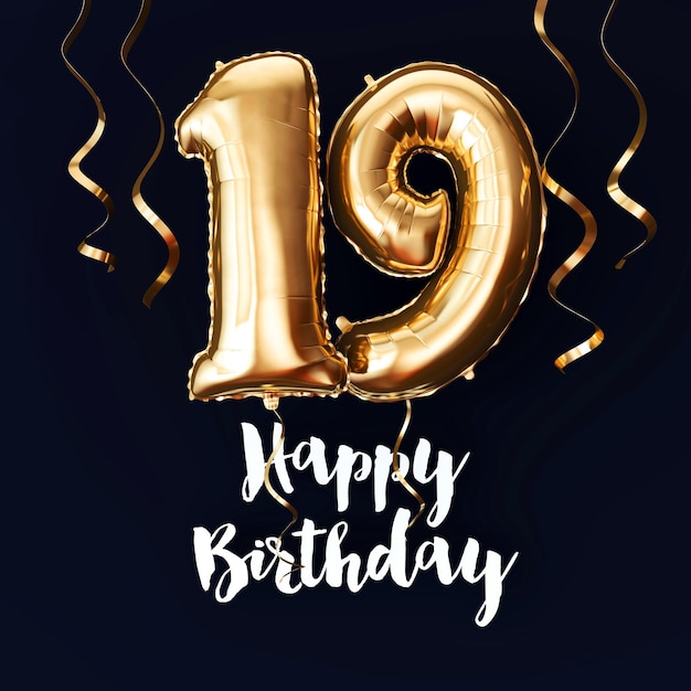Joyeux 19e anniversaire fond de ballon en feuille d'or avec des rubans rendu 3D
