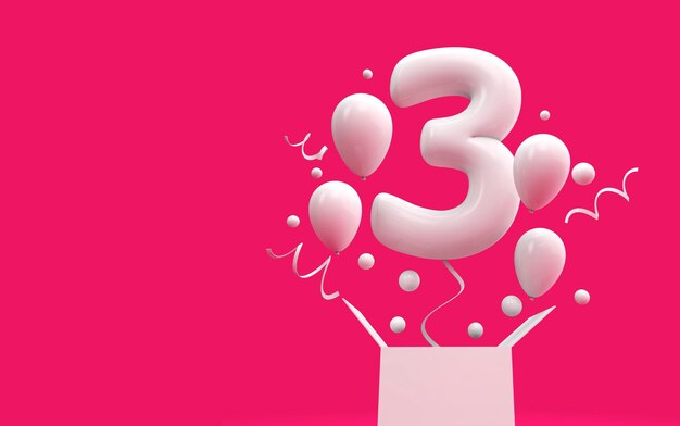 Joyeux 3e anniversaire ballon surprise et boîte de rendu 3D