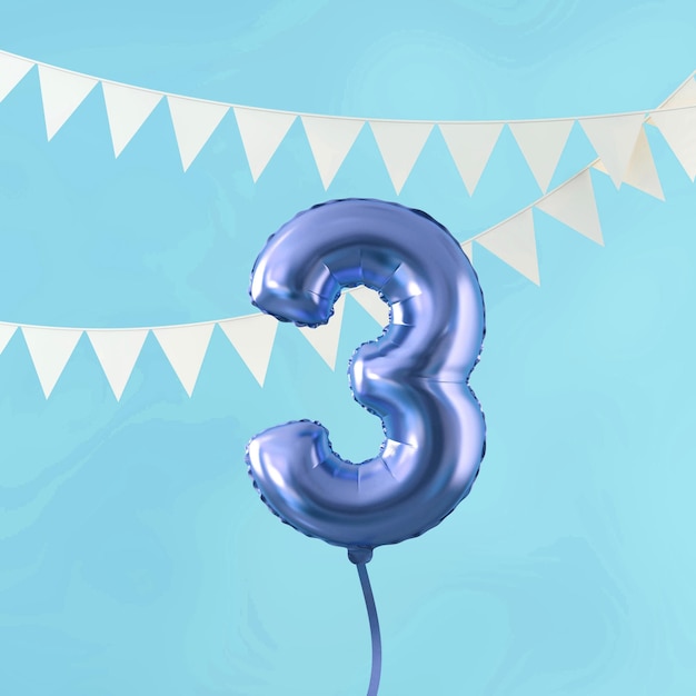 Joyeux 3e anniversaire célébration ballon bleu et bruant rendu 3D