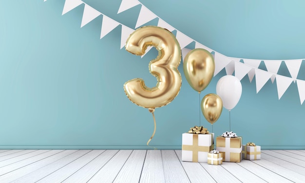 Joyeux 3e anniversaire célébration ballon bruant et boîte-cadeau 3D Render