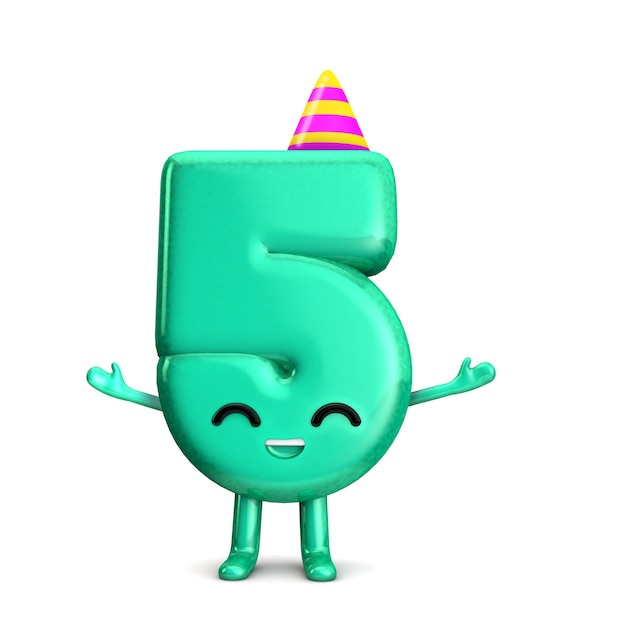 Joyeux 5e anniversaire personnage de fête mignon avec chapeau rendu 3D