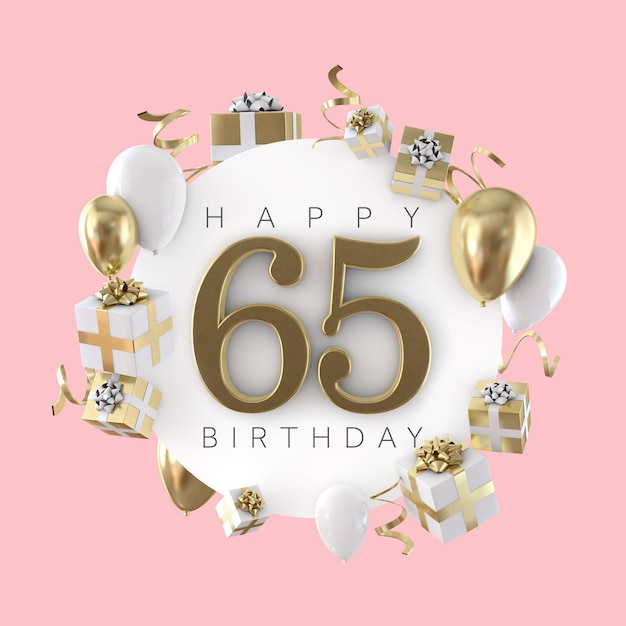 Joyeux 65e anniversaire composition de fête avec des ballons et des cadeaux 3D Render