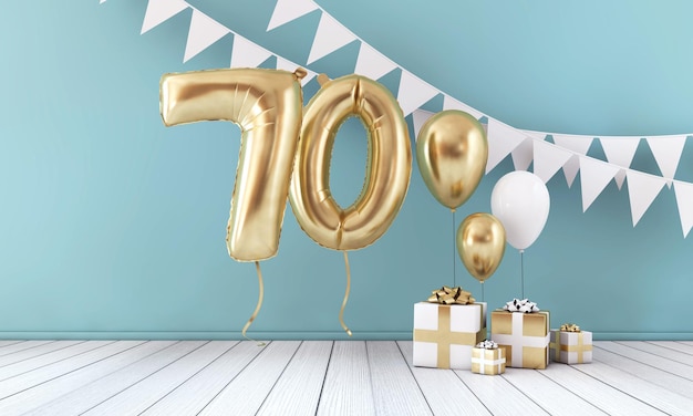 Joyeux 70e anniversaire célébration ballon bruant et boîte-cadeau 3D Render