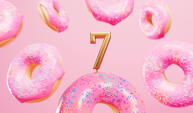 Joyeux 7e anniversaire fond de célébration avec des beignets givrés roses rendu 3D