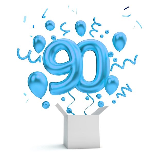 Joyeux 90e anniversaire ballon surprise bleu et boîte rendu 3D