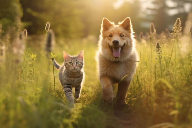 Joyeux amis à fourrure chat et chien marchant dans un pré d'été