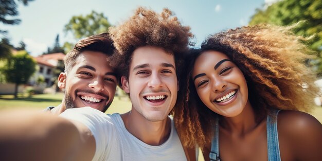 Joyeux amis internationaux adolescents prenant un selfie tout en marchant dans le concept de souvenirs heureux du parc d'été