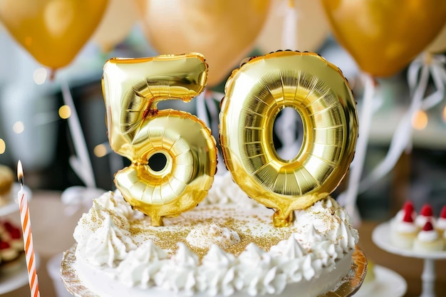 Joyeux anniversaire avec des ballons d'hélium sur un gâteau d'anniversaire.