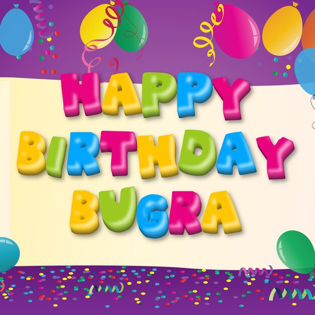 Joyeux anniversaire Bugra Confetti d'or Carte de ballon mignon Effet photo et texte