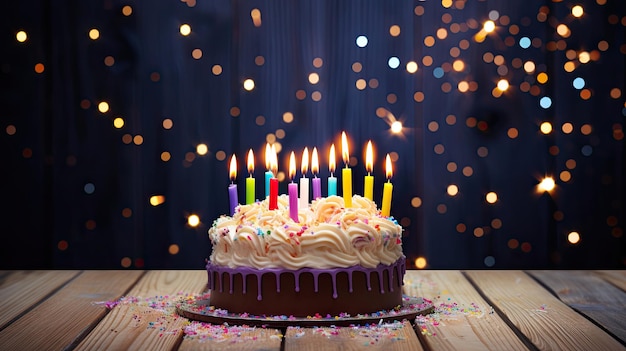 Joyeux anniversaire célébration carte de voeux fond de bannière Gâteau d'anniversaire coloré avec de nombreuses bougies allumées sur une table en bois