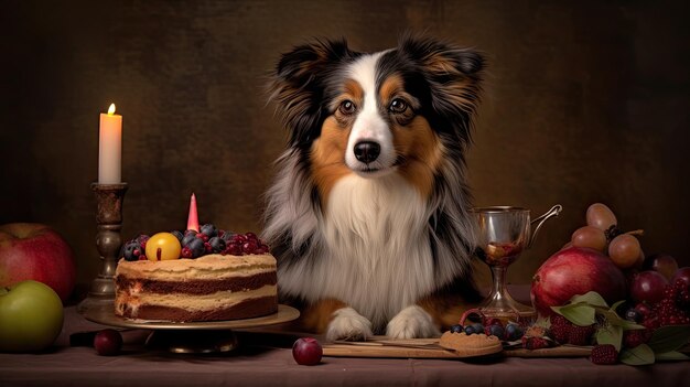 Joyeux anniversaire de chien mignon avec un gâteau d'anniversaire, des ballons et des bougies Generative AIxA