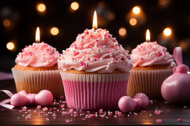 Joyeux anniversaire cupcake bougies allumées ruban rose cadeau un délice festif