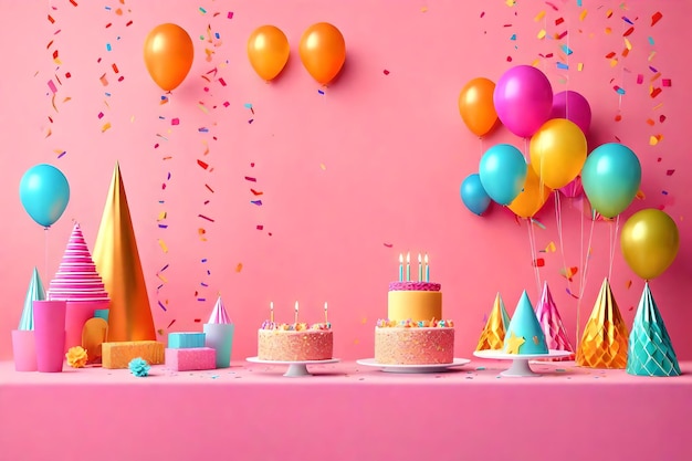 Joyeux anniversaire gâteau ballons bougies et confettis
