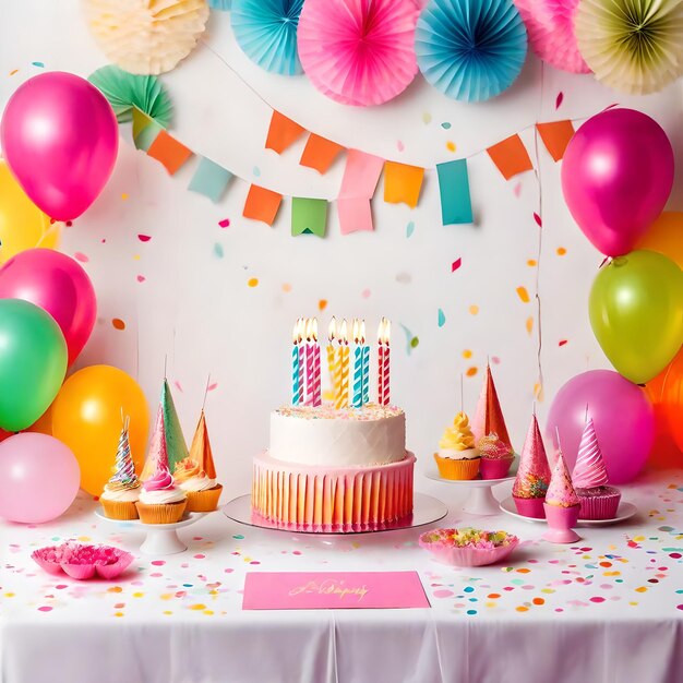 Joyeux anniversaire gâteau ballons bougies et confettis