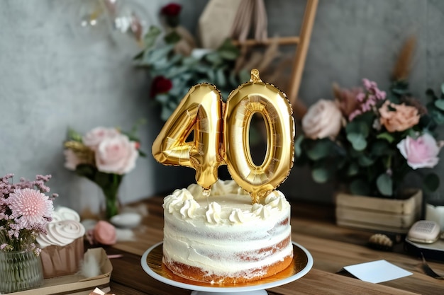 Joyeux anniversaire d'hélium d'or ballons d'anniversaire sur un gâteau d'anniversaire