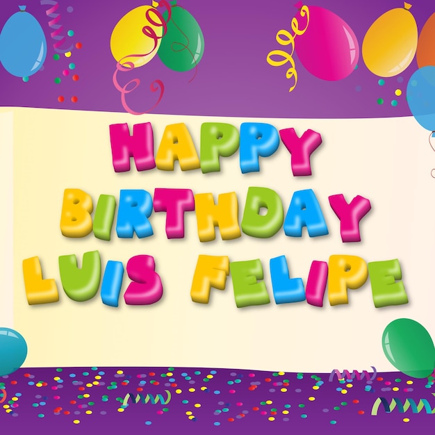 Photo joyeux anniversaire luis felipe confetti d'or cute carte de ballon photo effet de texte