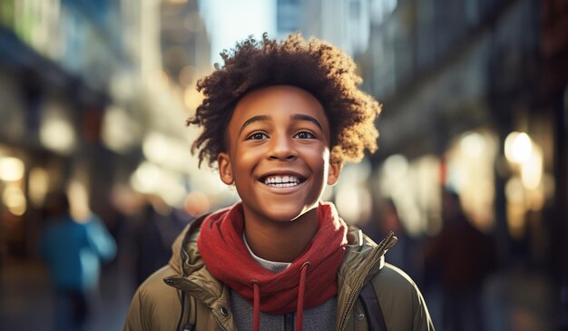 Joyeux Black Boy sur un arrière-plan flou dans une école