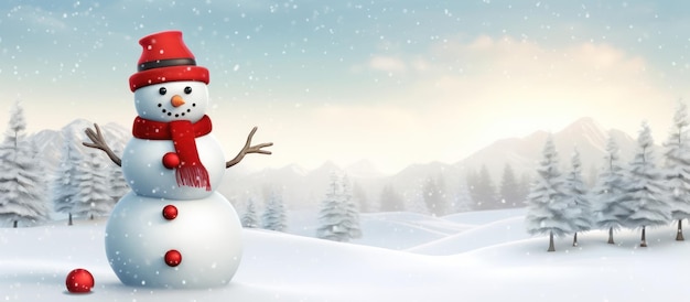 joyeux bonhomme de neige avec un chapeau rouge vif et des mitaines dans un paysage enneigé