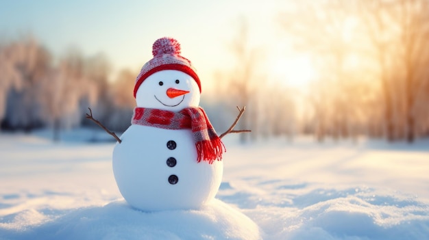 Joyeux bonhomme de neige dans un paysage enneigé