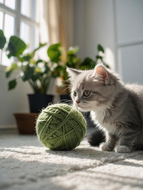 Joyeux chat persan dormante et moelleux joue avec de belles boules de fil