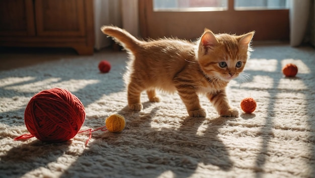 Joyeux chat persan dormante et moelleux joue avec de belles boules de fil